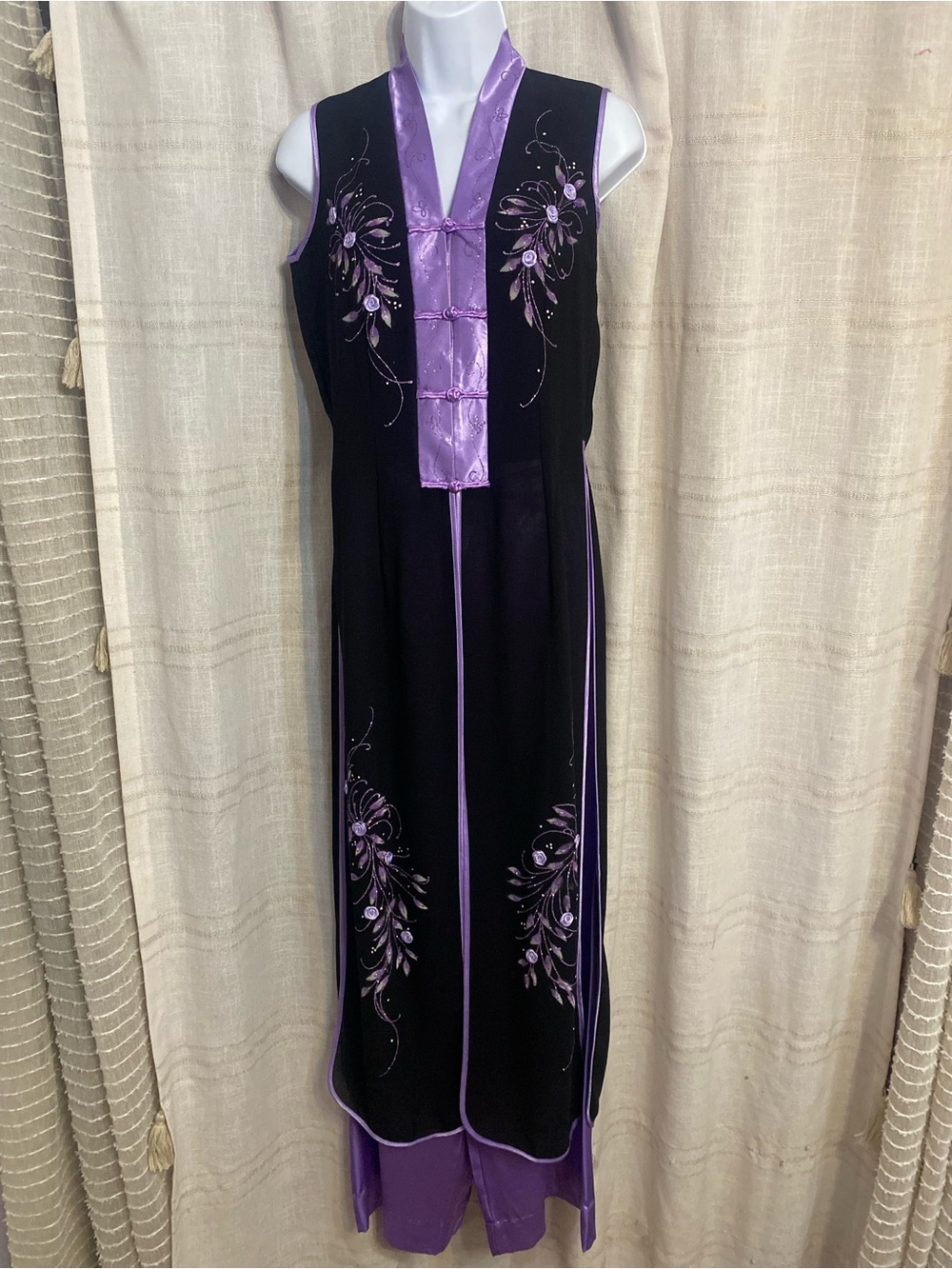 VTG Silver Dragon Chiffon Ao Dai Tunic Pants Set Purple Floral Y2K Fits Small